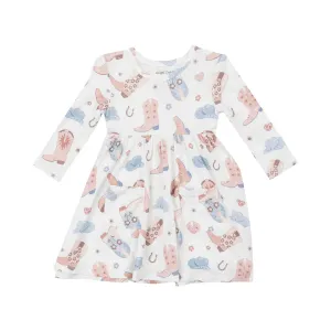 12-18mos, 5yrs, 6yrs Cowboy Boots on Pink Twirly Long Sleeve Dress