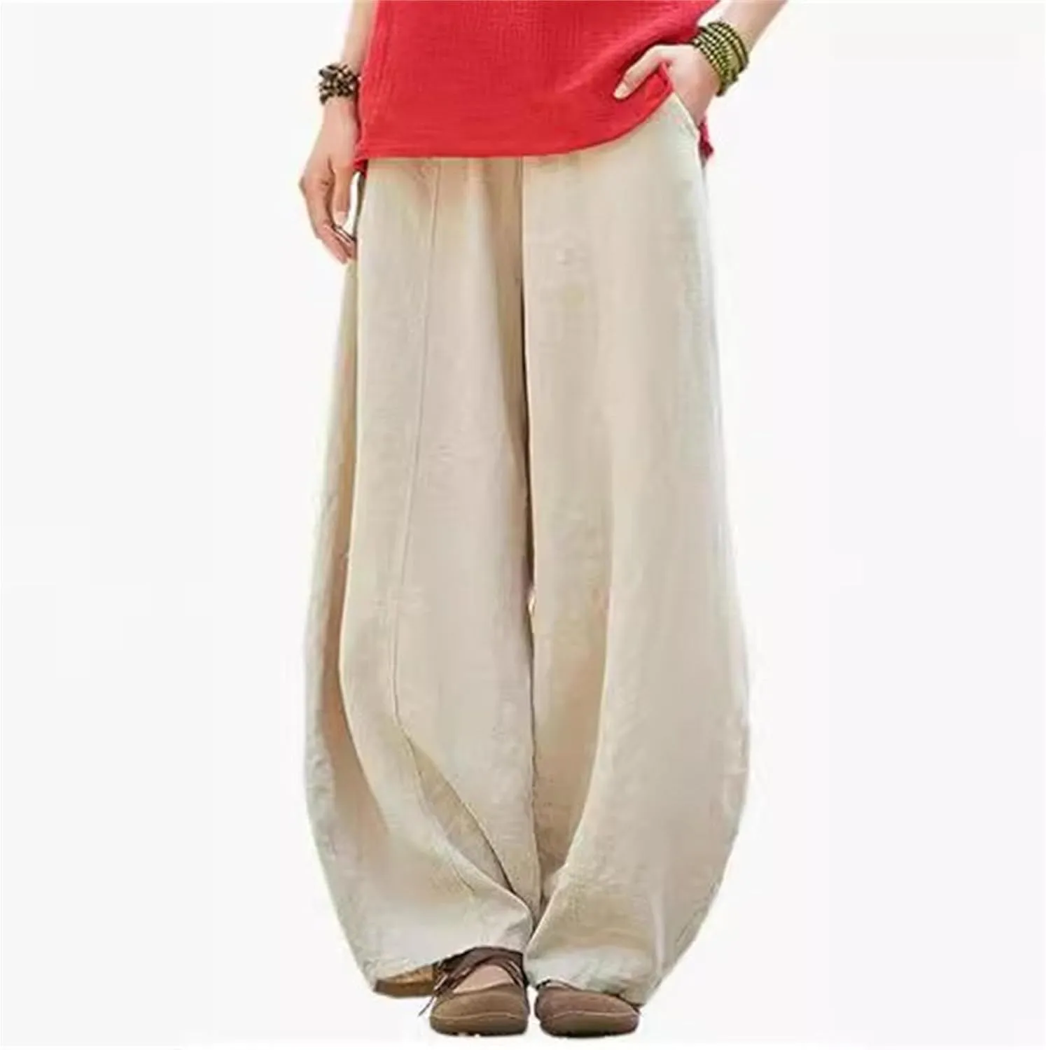 2025 Elastic Waist Bloomers Women's Linen Trousers Pockets Commuter Loose Pants Fashion Slim Casual Pants
