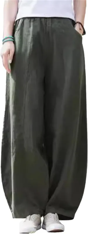 2025 Elastic Waist Bloomers Women's Linen Trousers Pockets Commuter Loose Pants Fashion Slim Casual Pants