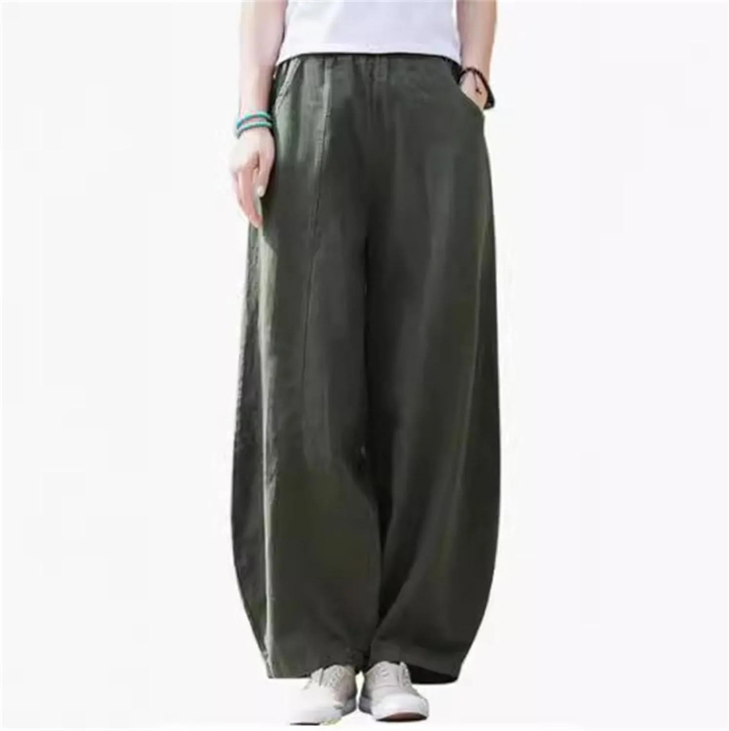 2025 Elastic Waist Bloomers Women's Linen Trousers Pockets Commuter Loose Pants Fashion Slim Casual Pants