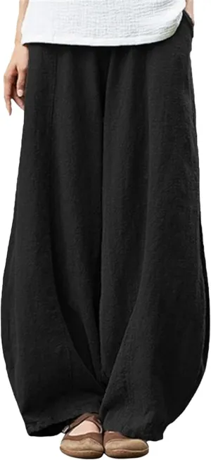 2025 Elastic Waist Bloomers Women's Linen Trousers Pockets Commuter Loose Pants Fashion Slim Casual Pants