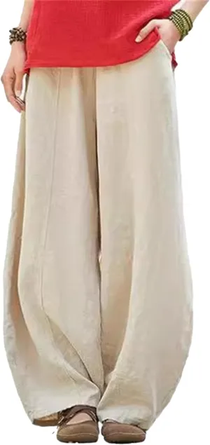 2025 Elastic Waist Bloomers Women's Linen Trousers Pockets Commuter Loose Pants Fashion Slim Casual Pants