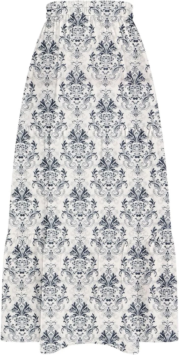 2025 Floral Skirts for Women Flowy Boho Summer Skirt Elastic Waist Bohemian Beach Maxi Skirt Resort Wear