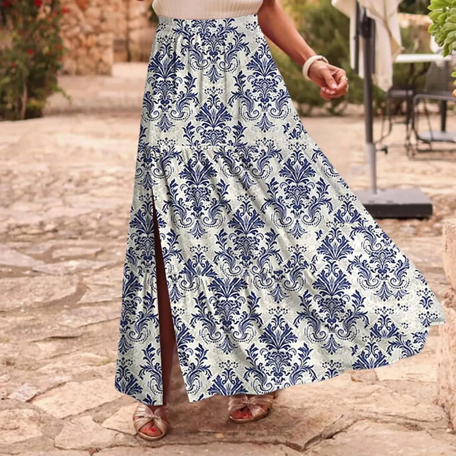 2025 Floral Skirts for Women Flowy Boho Summer Skirt Elastic Waist Bohemian Beach Maxi Skirt Resort Wear