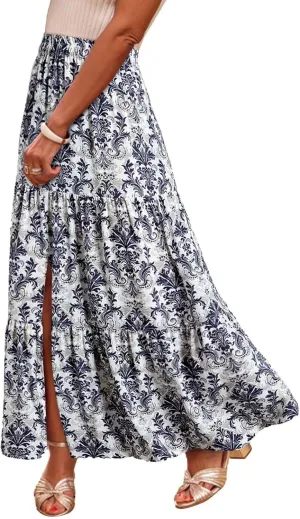 2025 Floral Skirts for Women Flowy Boho Summer Skirt Elastic Waist Bohemian Beach Maxi Skirt Resort Wear