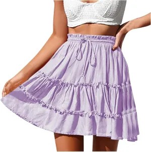 2025 Summer Boho Skirts for Women Tiered Pleated Mini Skirt Solid Bohemian Beach Vacation Skirts Cruise Clothes