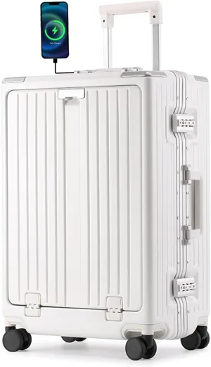 24 inch Luggage with Spinner Wheels Hard Shell Suitcases TSA Approved Luggage, Aluminum Frame Suitcases with Cup Holder, White