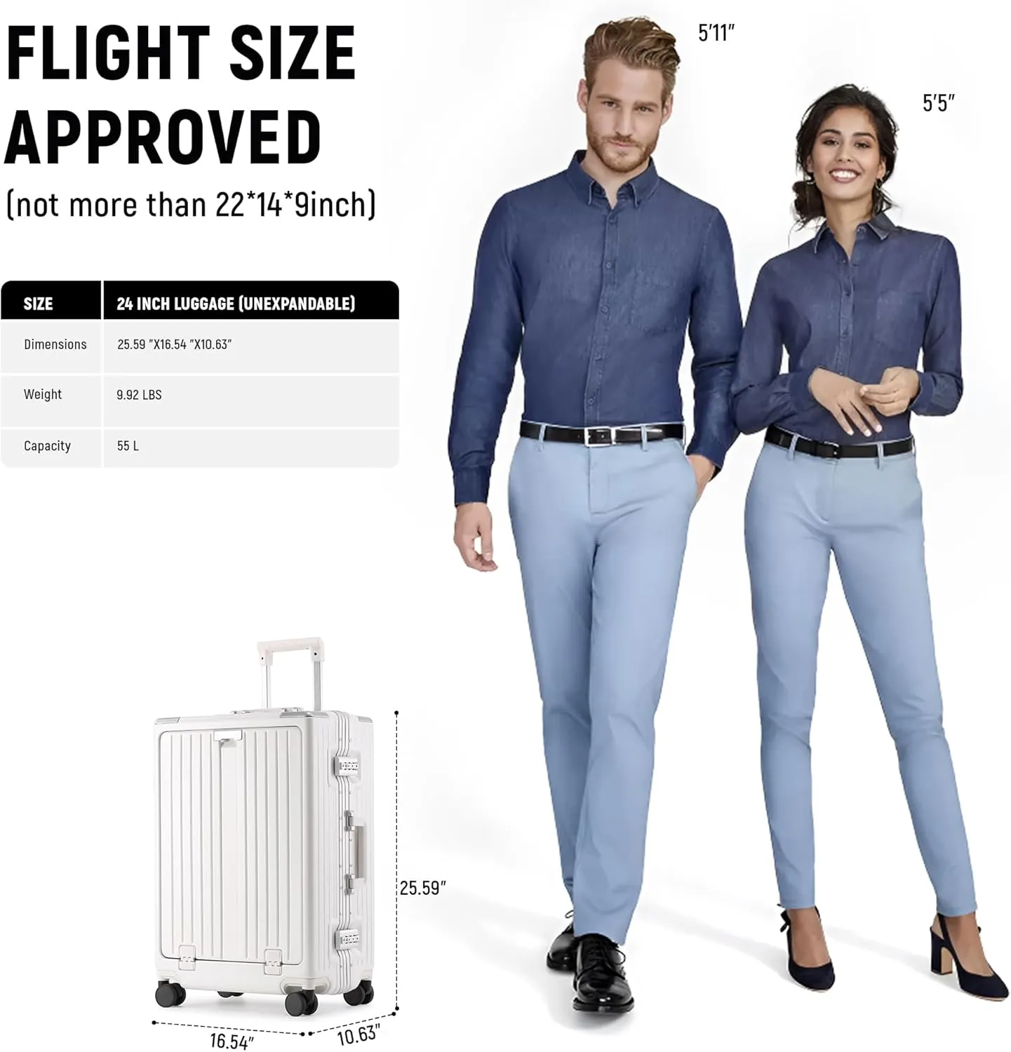24 inch Luggage with Spinner Wheels Hard Shell Suitcases TSA Approved Luggage, Aluminum Frame Suitcases with Cup Holder, White