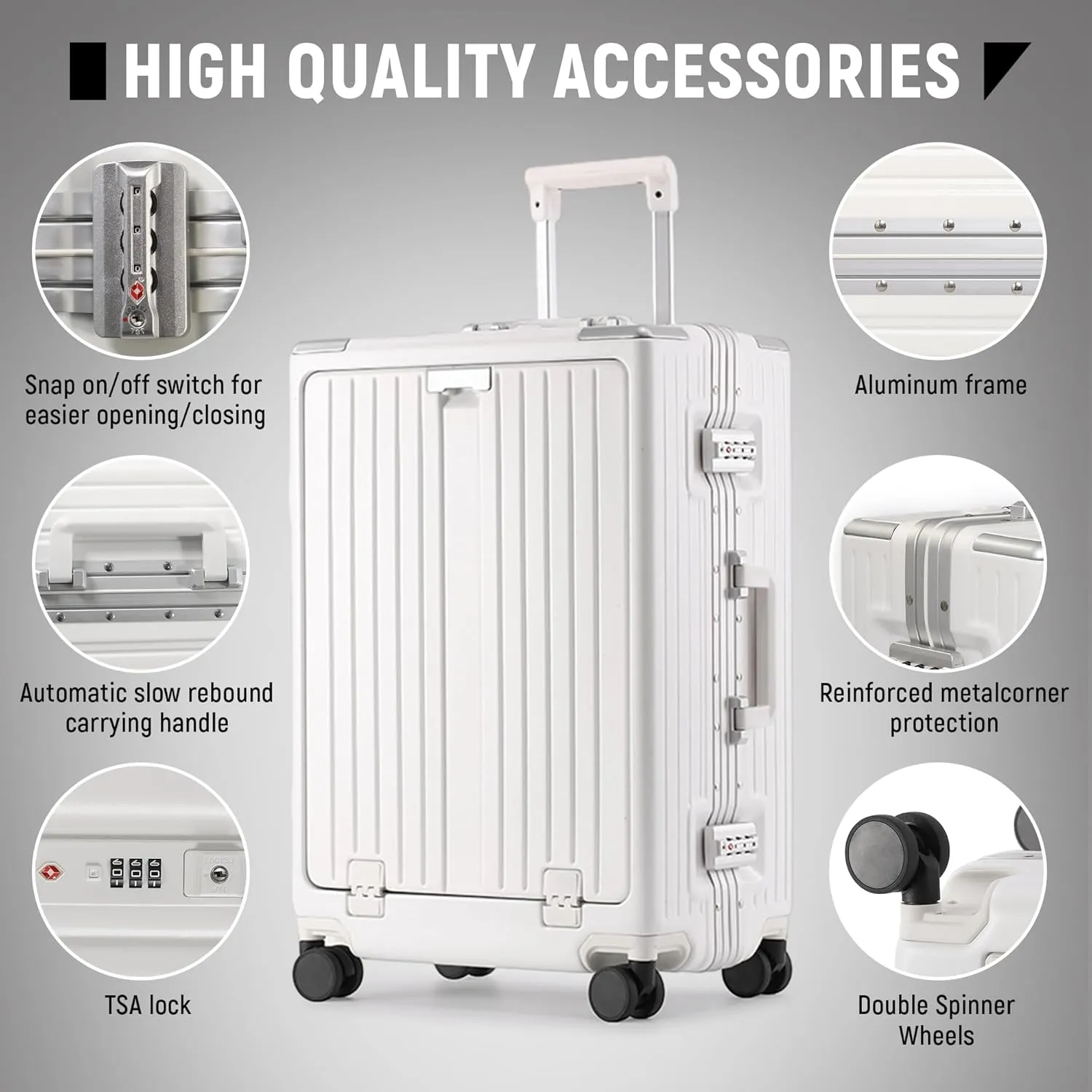 24 inch Luggage with Spinner Wheels Hard Shell Suitcases TSA Approved Luggage, Aluminum Frame Suitcases with Cup Holder, White