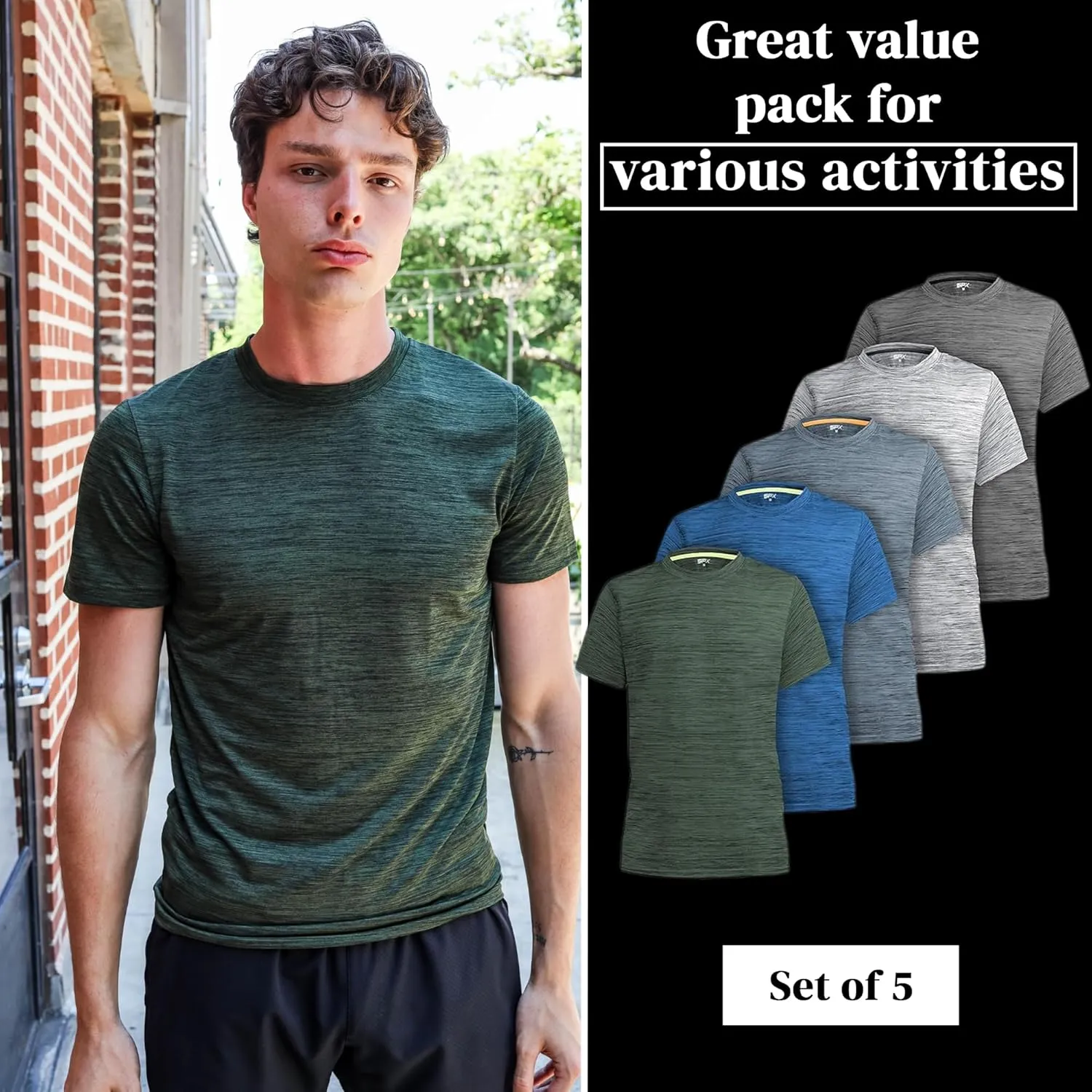 [5 Pack] Mens Workout Short Sleeve Dry Fit T Shirts Quick Dry Active Athletic Crewneck Running Gym Moisture Wicking Tee Tops