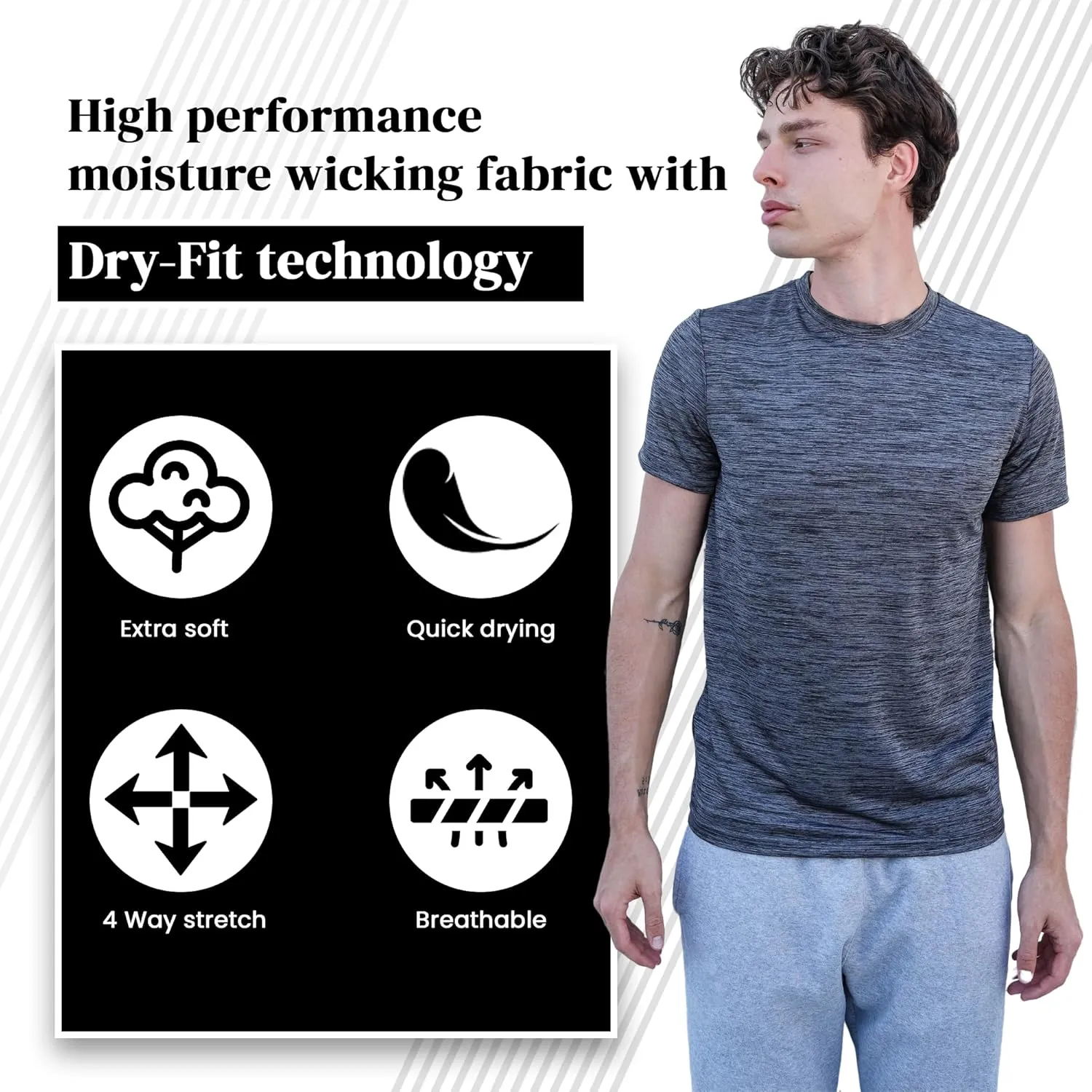 [5 Pack] Mens Workout Short Sleeve Dry Fit T Shirts Quick Dry Active Athletic Crewneck Running Gym Moisture Wicking Tee Tops