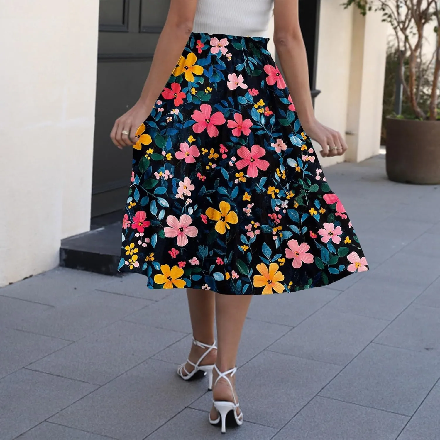 ADHOWBEW Floral Maxi Skirt for Women Trendy Flowy Sexy Elastic Waist High Waist Cotton Bohemian Skirts