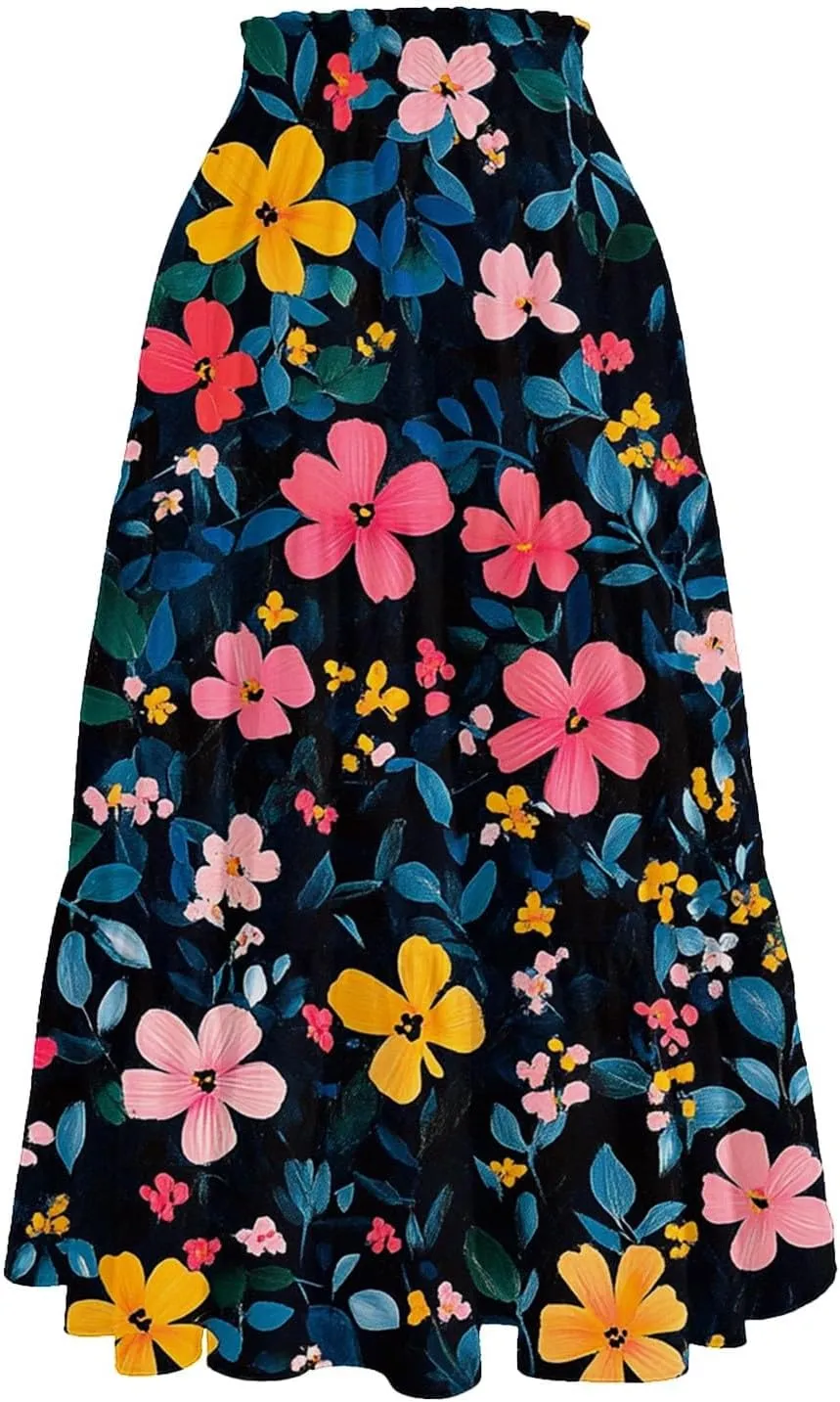 ADHOWBEW Floral Maxi Skirt for Women Trendy Flowy Sexy Elastic Waist High Waist Cotton Bohemian Skirts