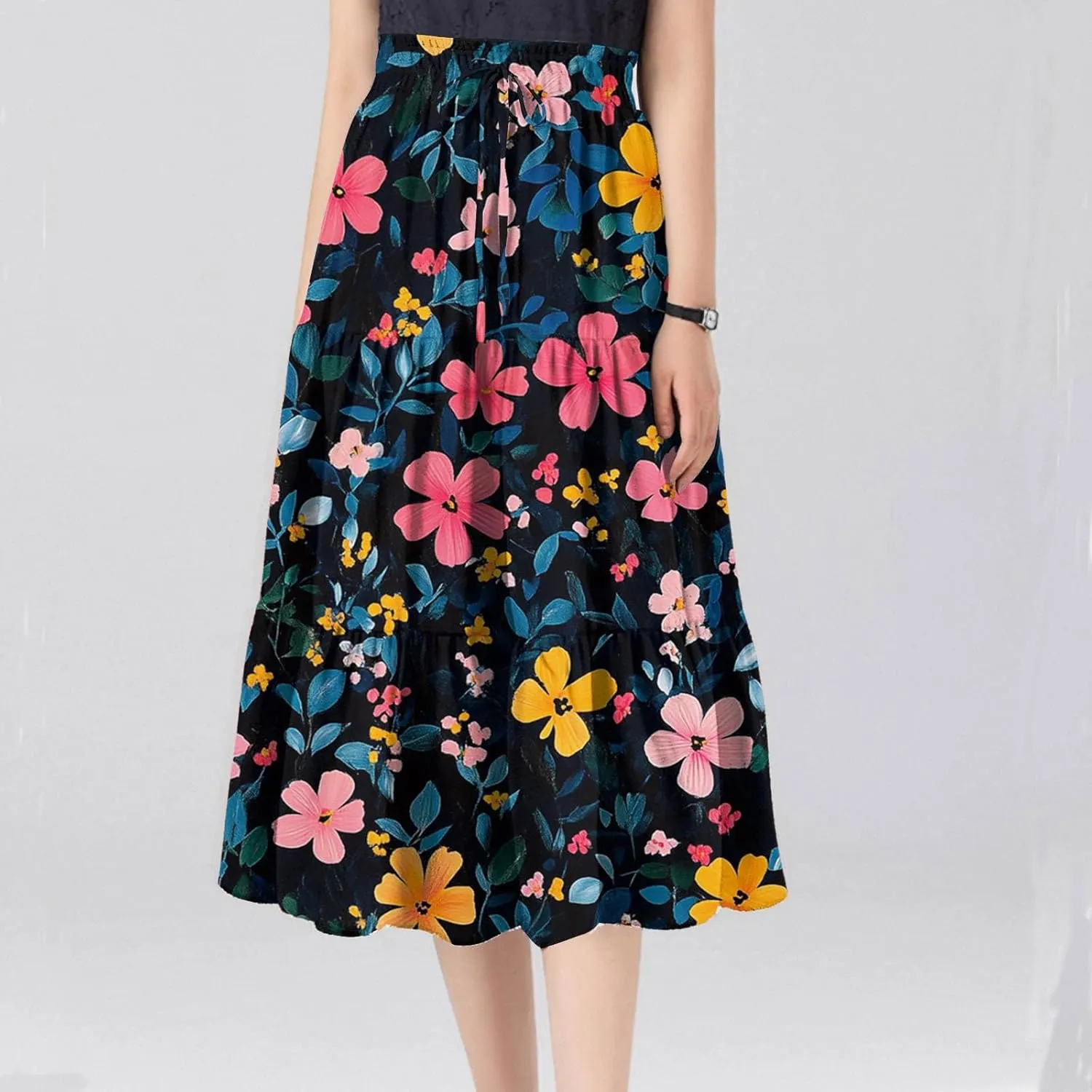 ADHOWBEW Floral Maxi Skirt for Women Trendy Flowy Sexy Elastic Waist High Waist Cotton Bohemian Skirts