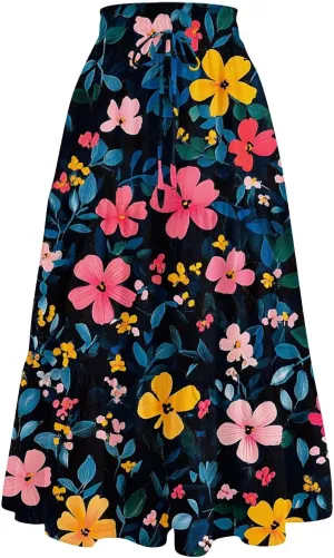 ADHOWBEW Floral Maxi Skirt for Women Trendy Flowy Sexy Elastic Waist High Waist Cotton Bohemian Skirts