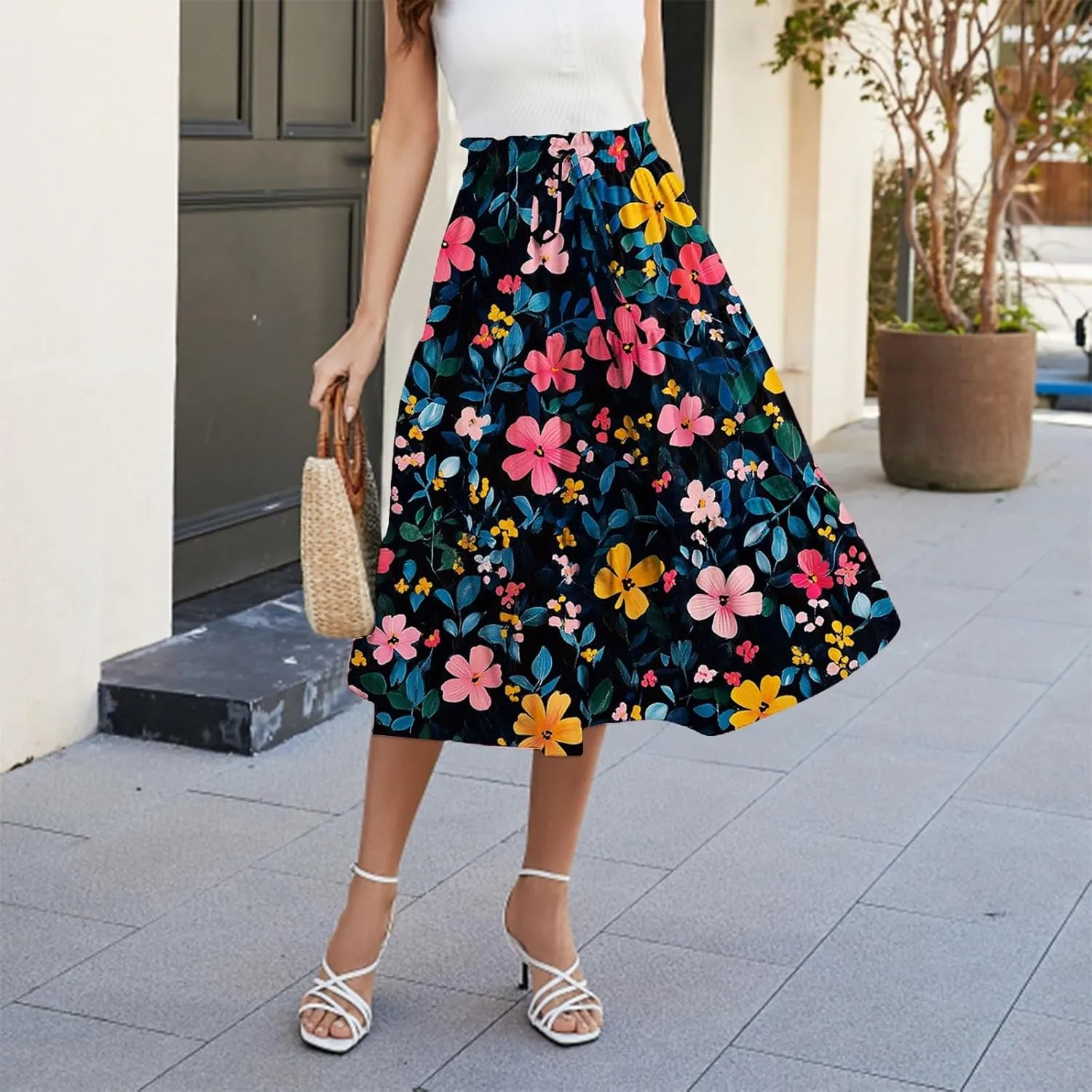 ADHOWBEW Floral Maxi Skirt for Women Trendy Flowy Sexy Elastic Waist High Waist Cotton Bohemian Skirts