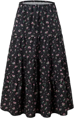 ADHOWBEW Midi Skirts for Women Summer Elastic Waist High Waist Casual Sexy Flowy Beach Bohemian Skirts