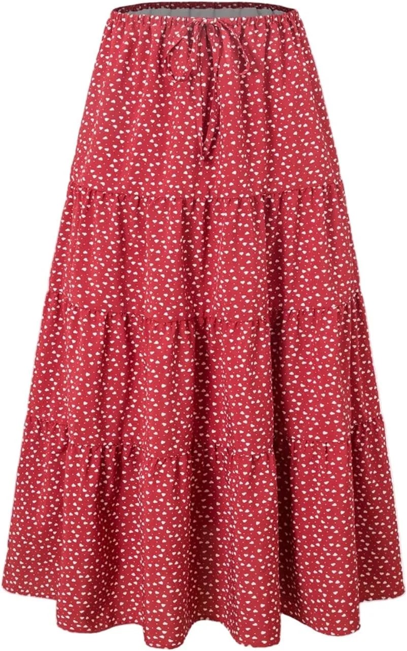 ADHOWBEW Midi Skirts for Women Summer Elastic Waist High Waist Casual Sexy Flowy Beach Bohemian Skirts