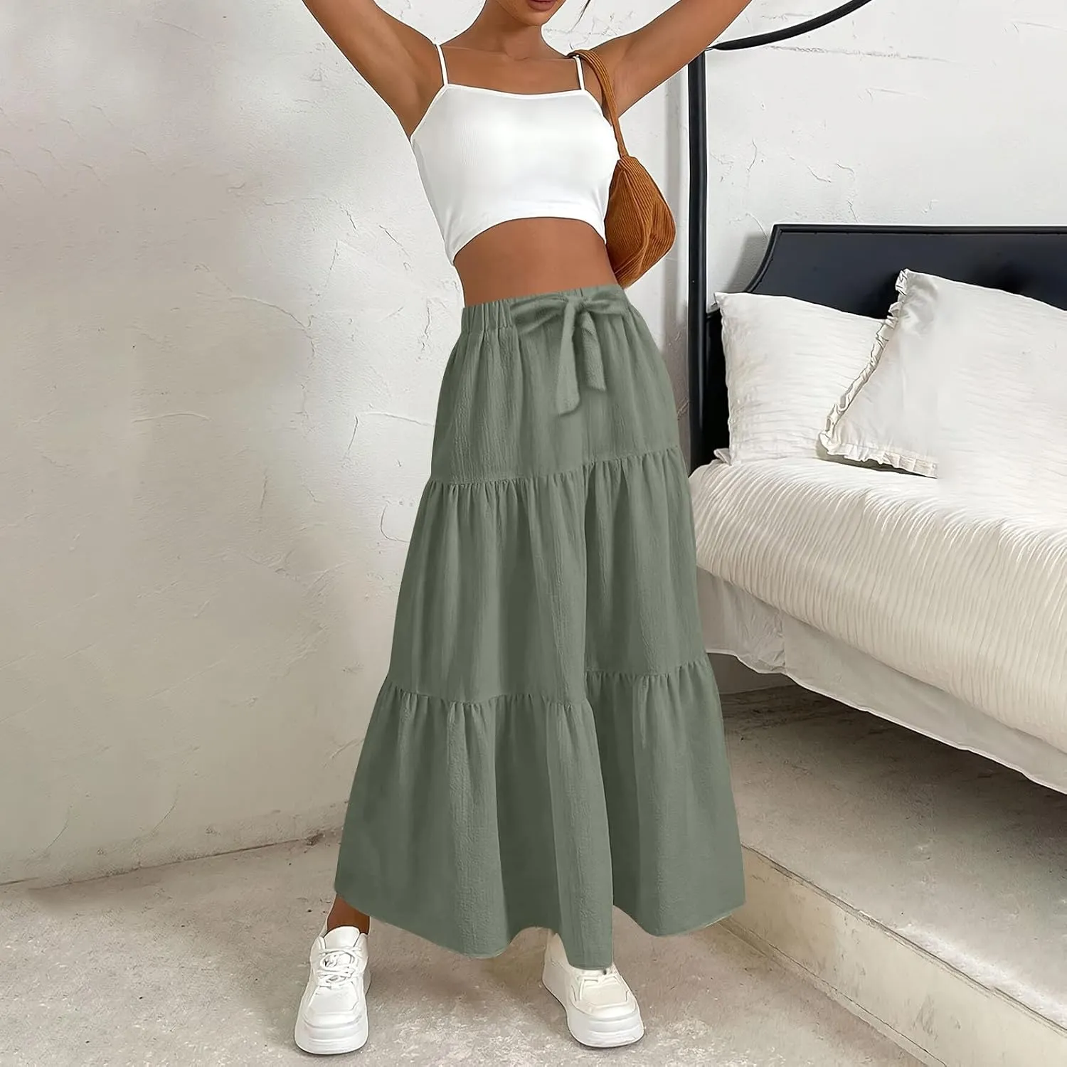 ADHOWBEW Skirts for Women Midi Length Sexy Trendy Flowy Casual Cotton Smocked Bohemian High Waist Skirts
