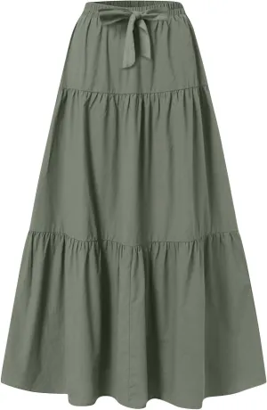 ADHOWBEW Skirts for Women Midi Length Sexy Trendy Flowy Casual Cotton Smocked Bohemian High Waist Skirts