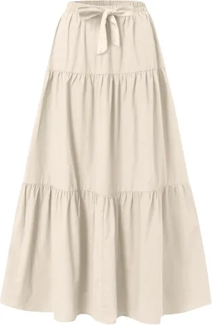 ADHOWBEW Skirts for Women Midi Length Sexy Trendy Flowy Casual Cotton Smocked Bohemian High Waist Skirts