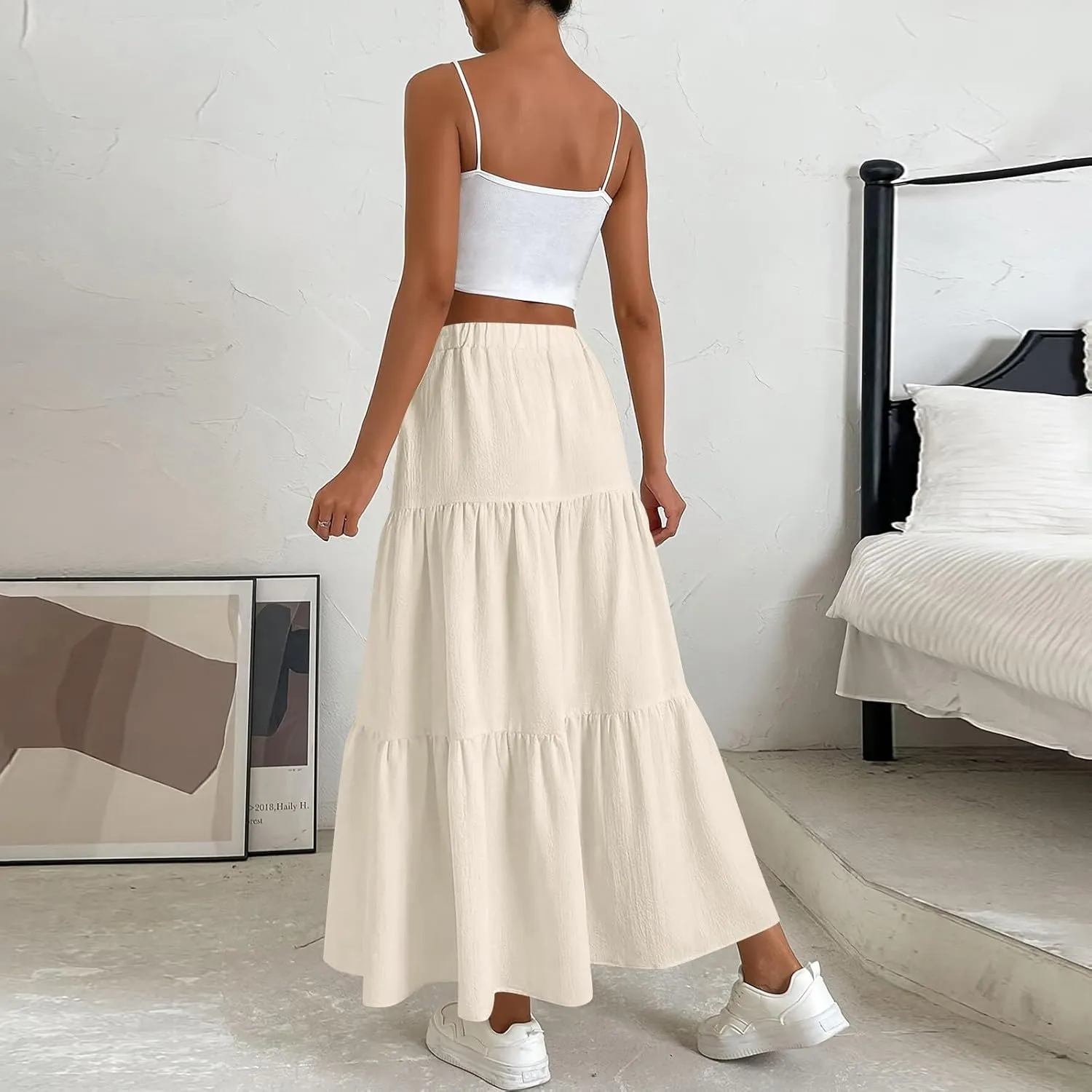 ADHOWBEW Skirts for Women Midi Length Sexy Trendy Flowy Casual Cotton Smocked Bohemian High Waist Skirts