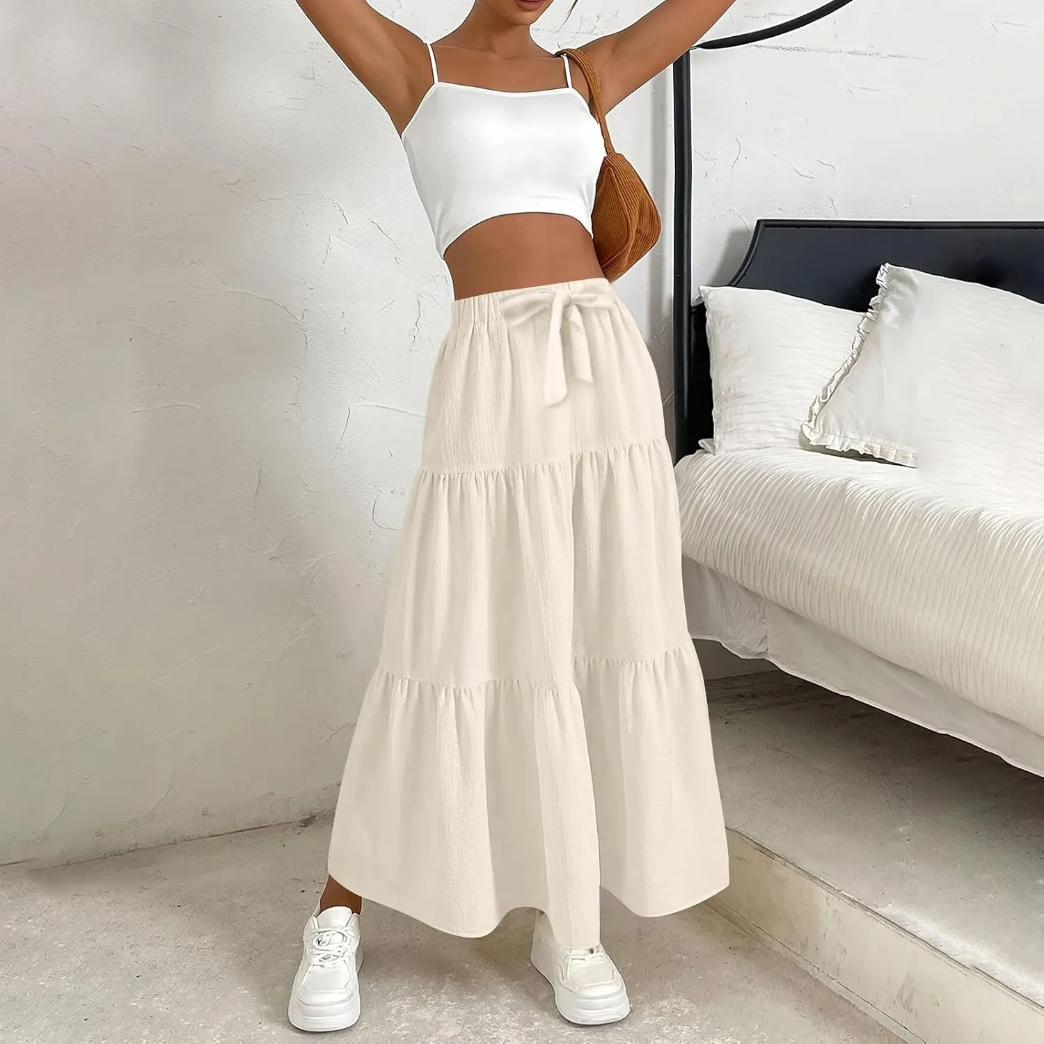 ADHOWBEW Skirts for Women Midi Length Sexy Trendy Flowy Casual Cotton Smocked Bohemian High Waist Skirts