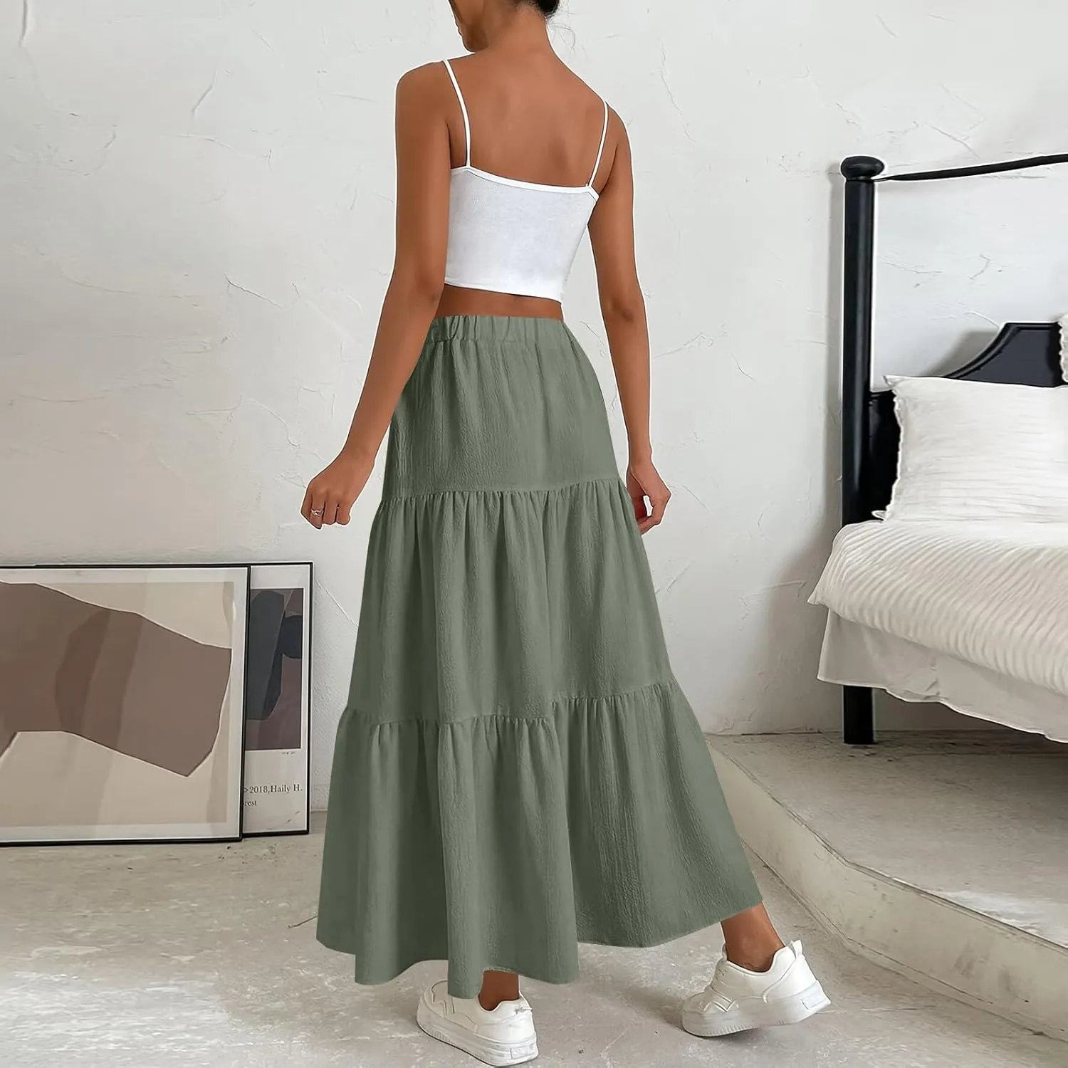 ADHOWBEW Skirts for Women Midi Length Sexy Trendy Flowy Casual Cotton Smocked Bohemian High Waist Skirts