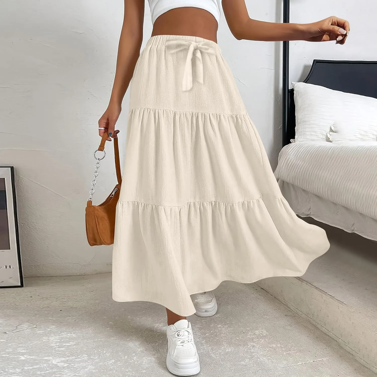 ADHOWBEW Skirts for Women Midi Length Sexy Trendy Flowy Casual Cotton Smocked Bohemian High Waist Skirts