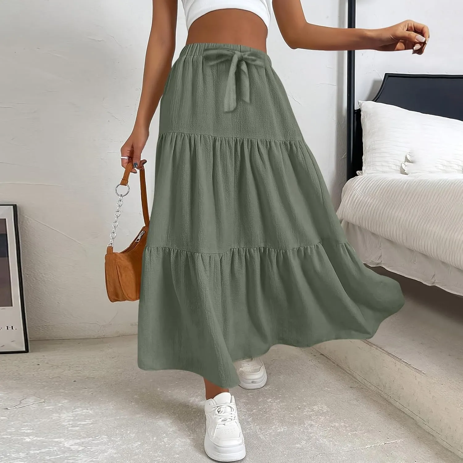ADHOWBEW Skirts for Women Midi Length Sexy Trendy Flowy Casual Cotton Smocked Bohemian High Waist Skirts