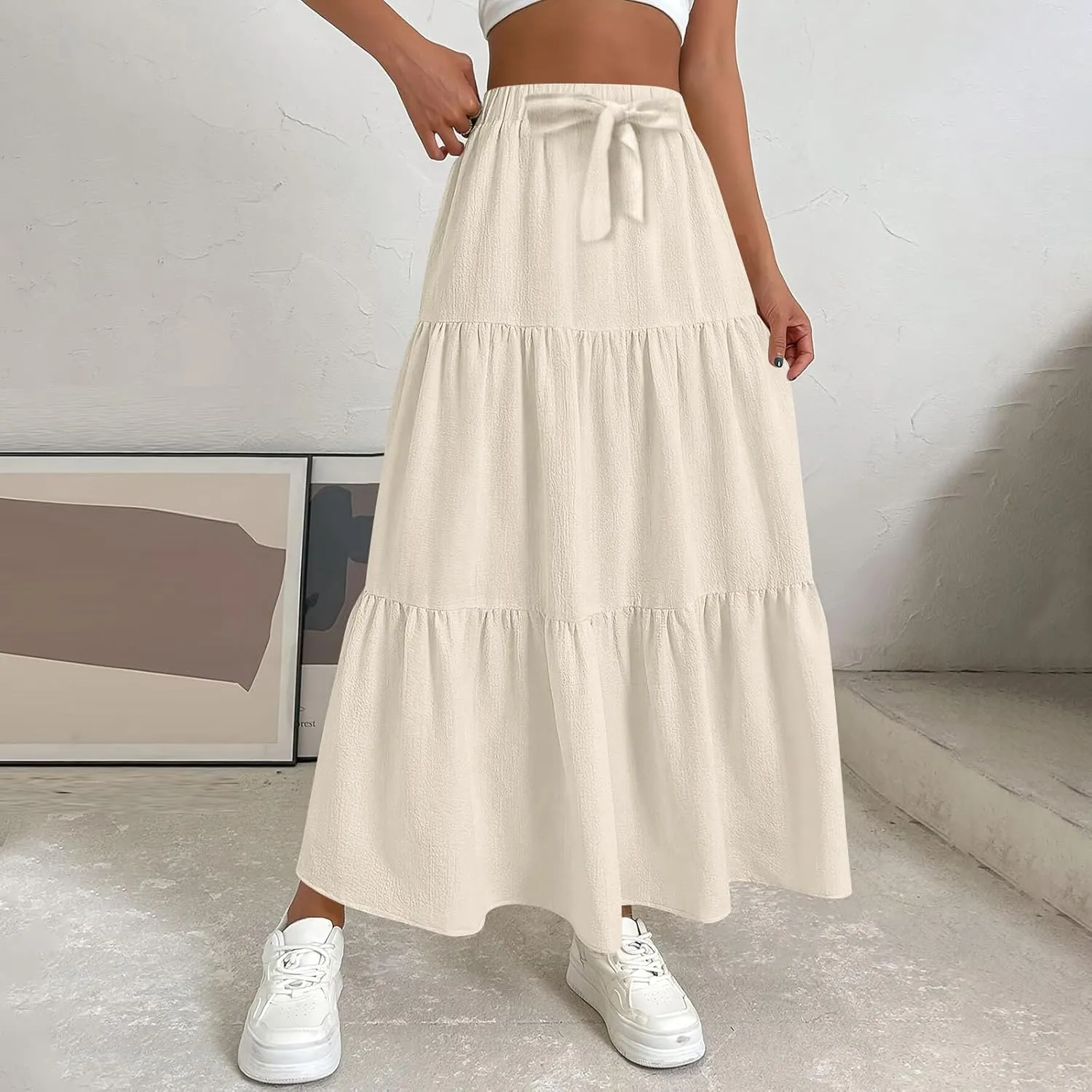 ADHOWBEW Skirts for Women Midi Length Sexy Trendy Flowy Casual Cotton Smocked Bohemian High Waist Skirts