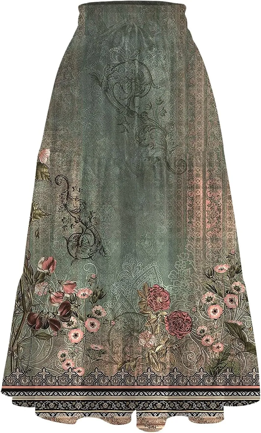 ADHOWBEW Skirts for Women Midi Length Summer Trendy Elastic Waist Smocked Beach High Waist Bohemian Skirts