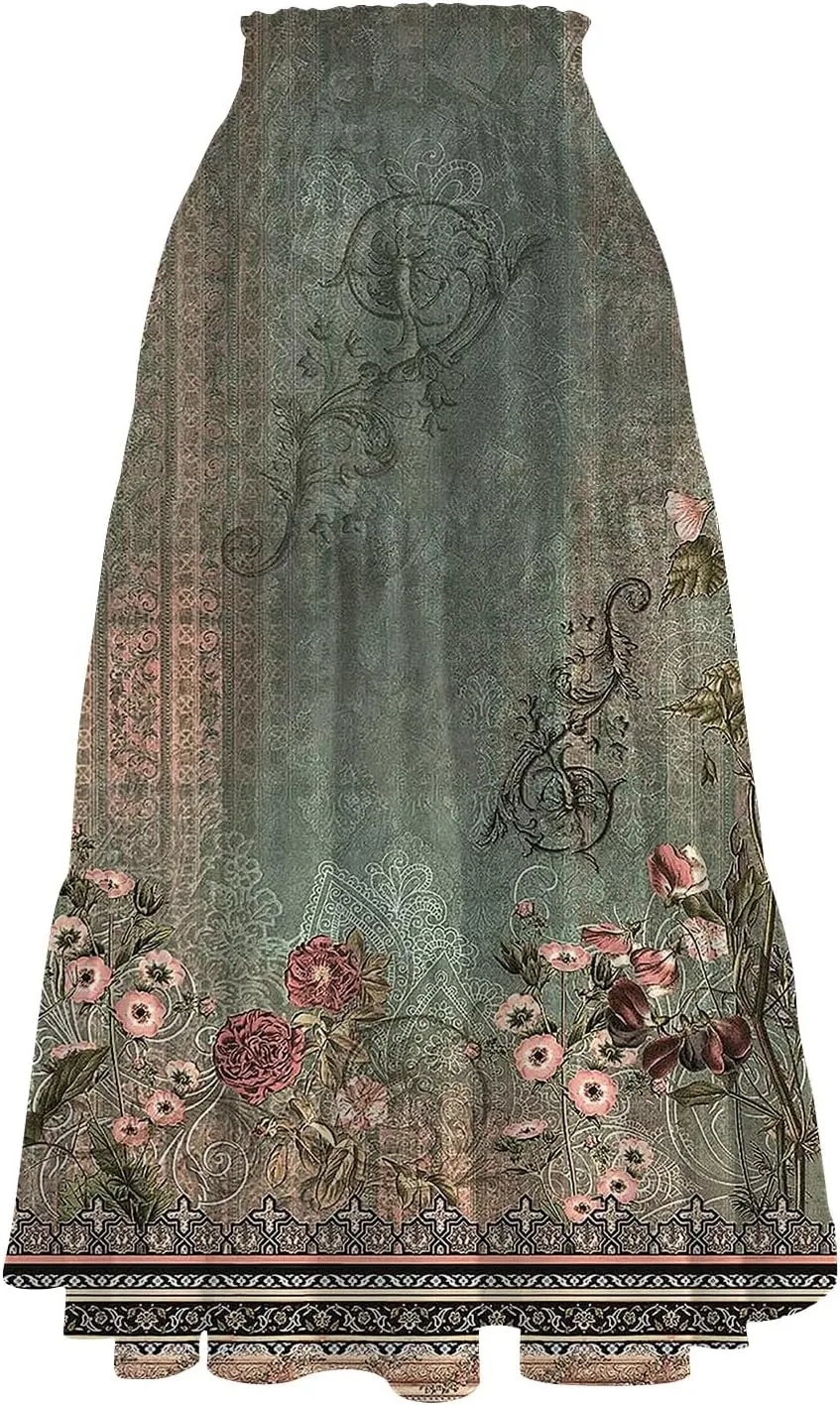 ADHOWBEW Skirts for Women Midi Length Summer Trendy Elastic Waist Smocked Beach High Waist Bohemian Skirts