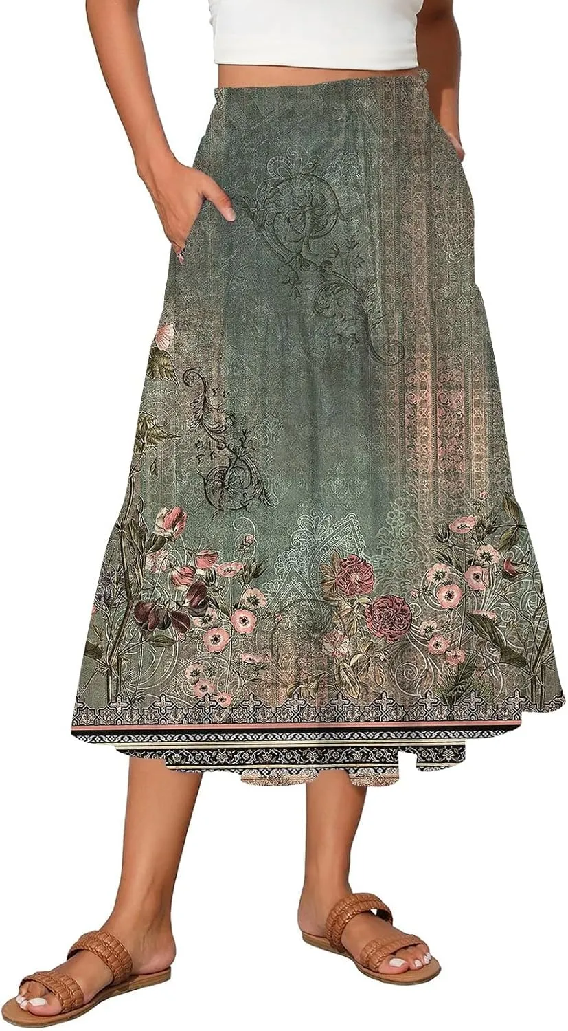 ADHOWBEW Skirts for Women Midi Length Summer Trendy Elastic Waist Smocked Beach High Waist Bohemian Skirts