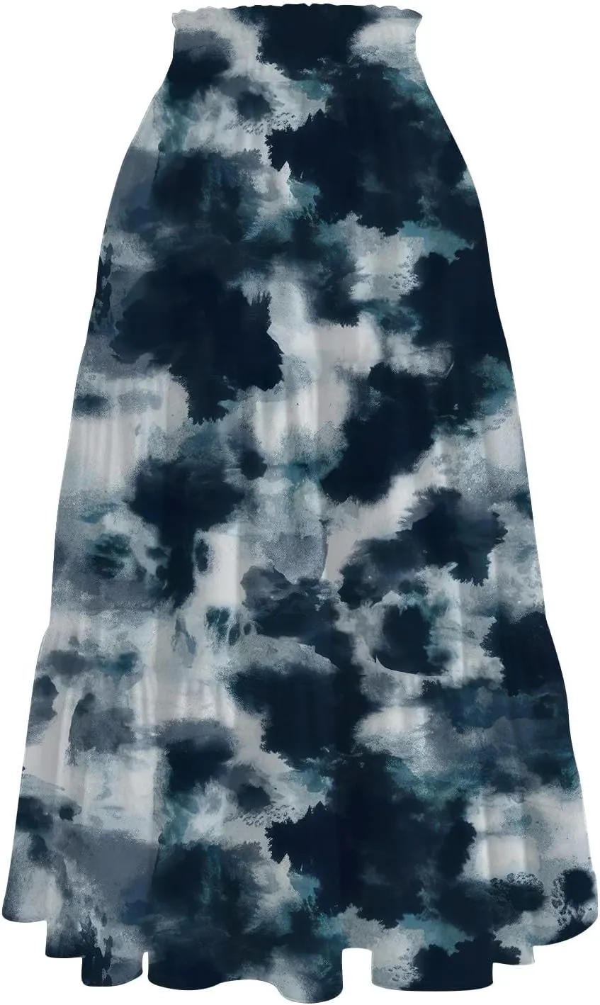 ADHOWBEW Skirts for Women Midi Length Summer Trendy Elastic Waist Smocked Beach High Waist Bohemian Skirts