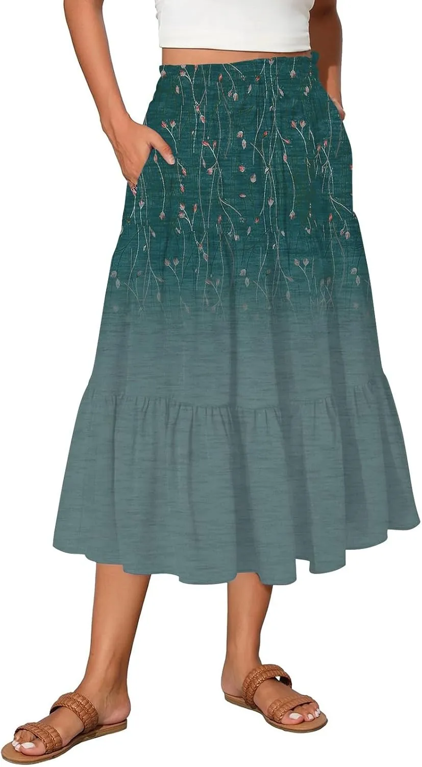 ADHOWBEW Skirts for Women Midi Length Summer Trendy Elastic Waist Smocked Beach High Waist Bohemian Skirts