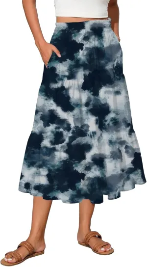ADHOWBEW Skirts for Women Midi Length Summer Trendy Elastic Waist Smocked Beach High Waist Bohemian Skirts