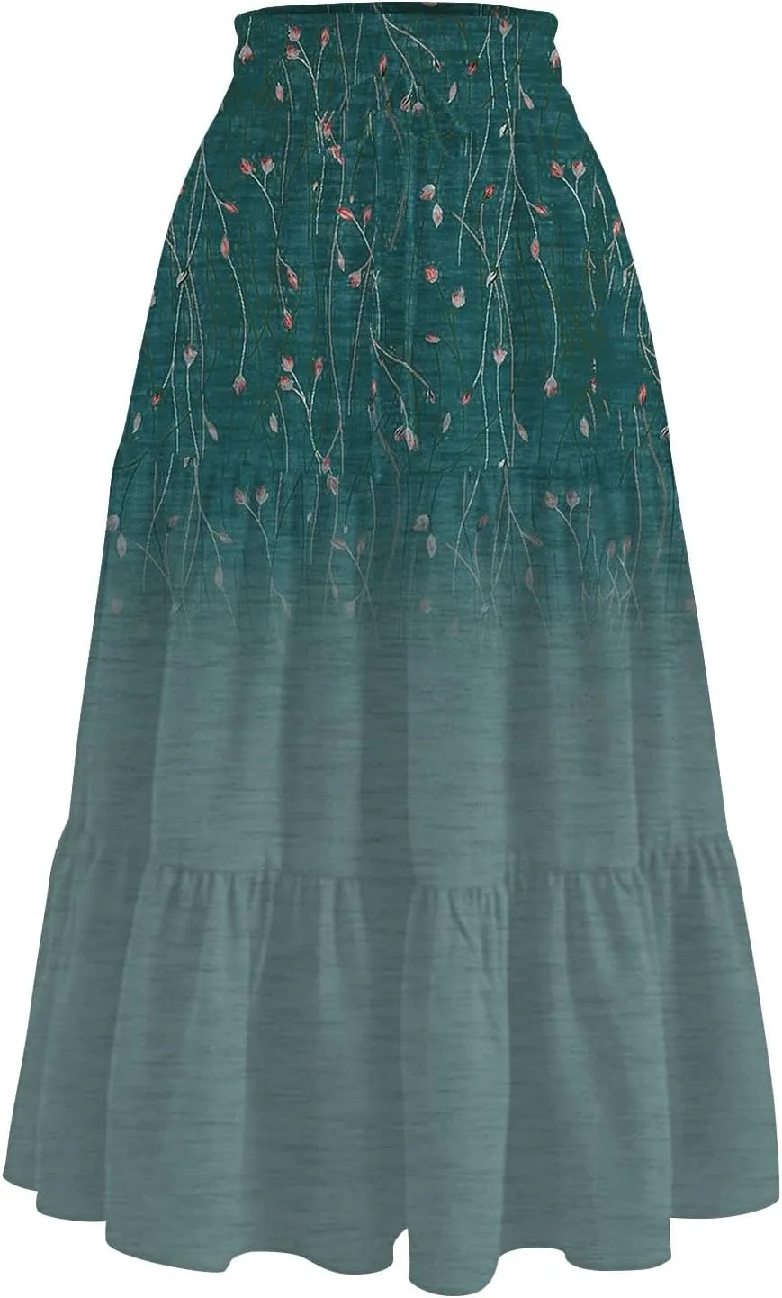 ADHOWBEW Skirts for Women Midi Length Summer Trendy Elastic Waist Smocked Beach High Waist Bohemian Skirts