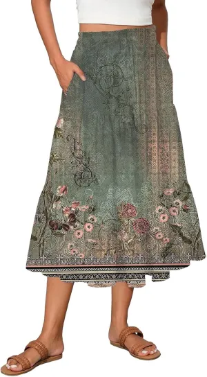 ADHOWBEW Skirts for Women Midi Length Summer Trendy Elastic Waist Smocked Beach High Waist Bohemian Skirts