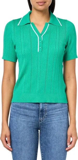 Adrianna Papell Women's Open V-Neck Polo Mix Rib Cable Sweater with Short Sleeves