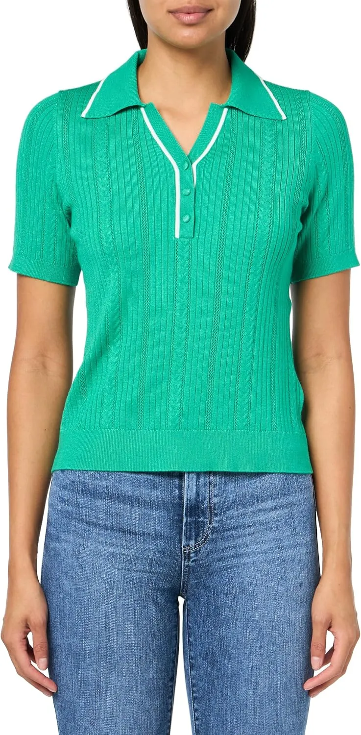 Adrianna Papell Women's Open V-Neck Polo Mix Rib Cable Sweater with Short Sleeves