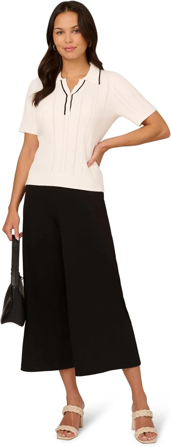 Adrianna Papell Women's Open V-Neck Polo Mix Rib Cable Sweater with Short Sleeves