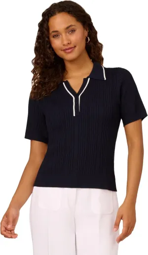 Adrianna Papell Women's Open V-Neck Polo Mix Rib Cable Sweater with Short Sleeves