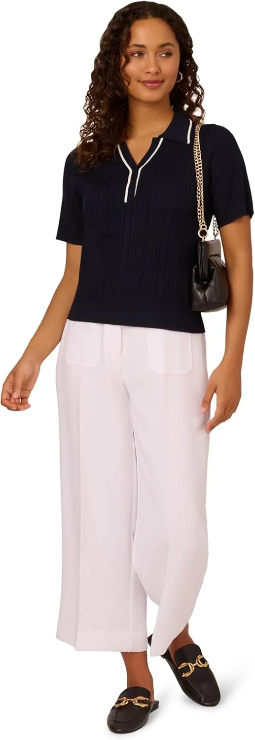 Adrianna Papell Women's Open V-Neck Polo Mix Rib Cable Sweater with Short Sleeves