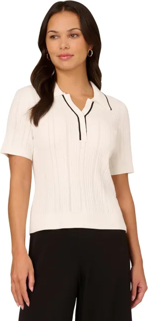 Adrianna Papell Women's Open V-Neck Polo Mix Rib Cable Sweater with Short Sleeves