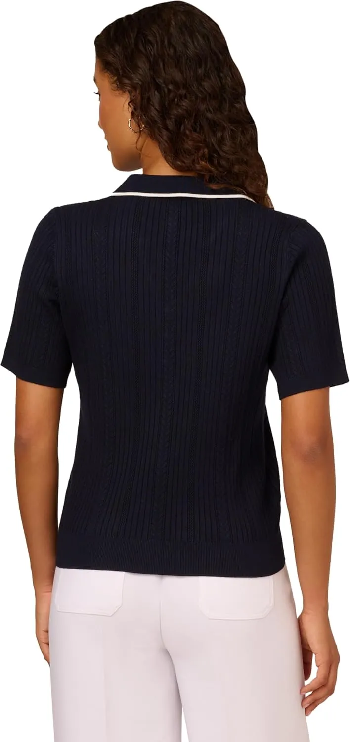 Adrianna Papell Women's Open V-Neck Polo Mix Rib Cable Sweater with Short Sleeves