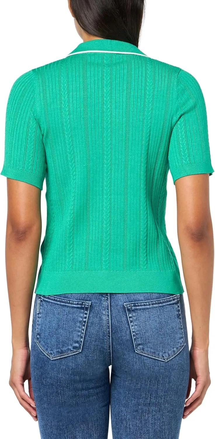 Adrianna Papell Women's Open V-Neck Polo Mix Rib Cable Sweater with Short Sleeves