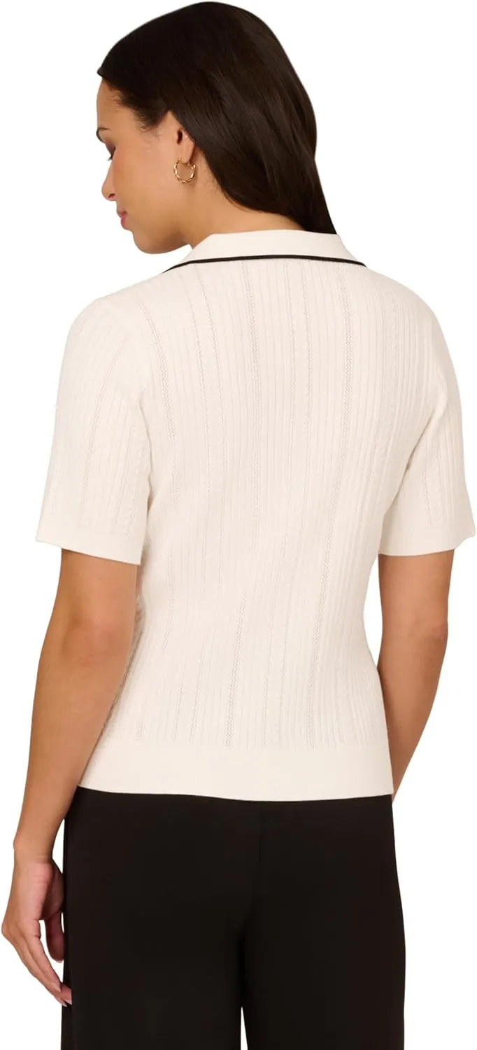Adrianna Papell Women's Open V-Neck Polo Mix Rib Cable Sweater with Short Sleeves