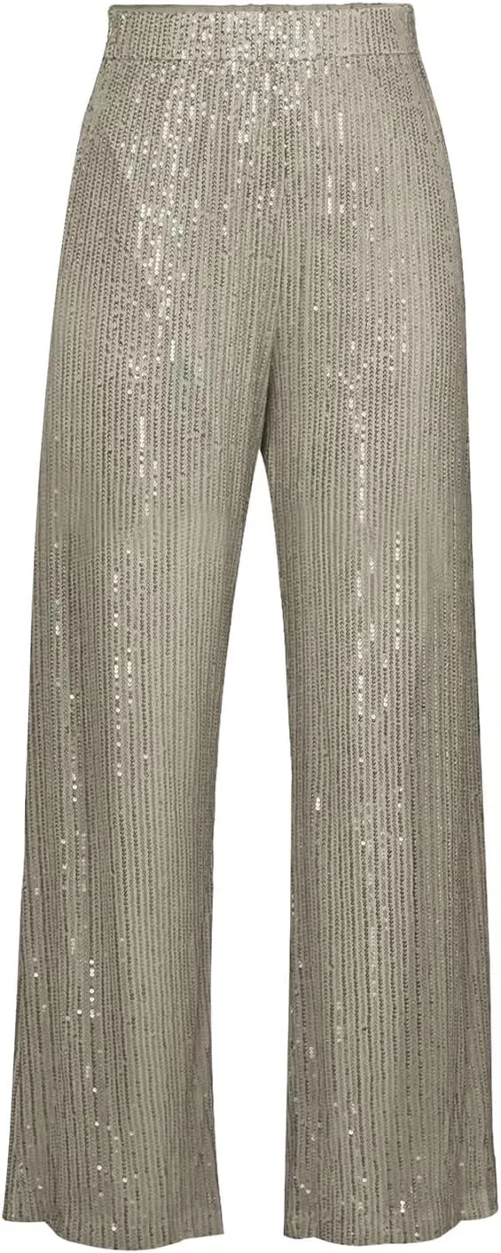 Aelidiya Women's Glitter Sequin Long Loose Pants Bling Party Clubwear Elastic Casual Pants