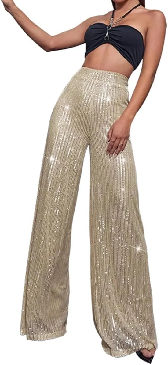 Aelidiya Women's Glitter Sequin Long Loose Pants Bling Party Clubwear Elastic Casual Pants